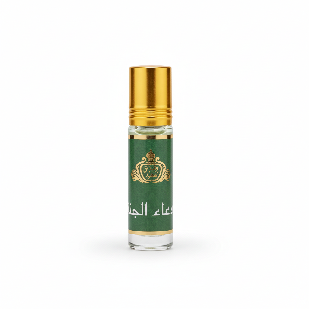 Perfume oriental Duah Al Jannat 6ml aceite concentrado, frasco verde y dorado con caligrafía árabe