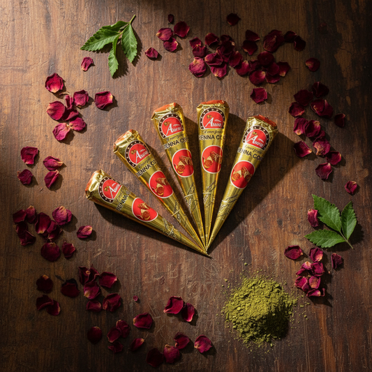Conos de henna Arwa sobre bandeja de madera marroquí con pétalos y hojas – cosmética natural oriental