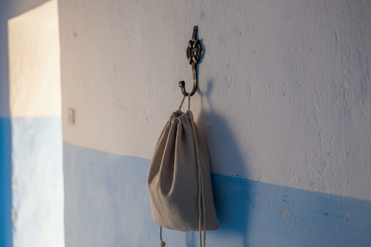 Perchero marroquí hierro forjado lifestyle pared azul Chefchaouen