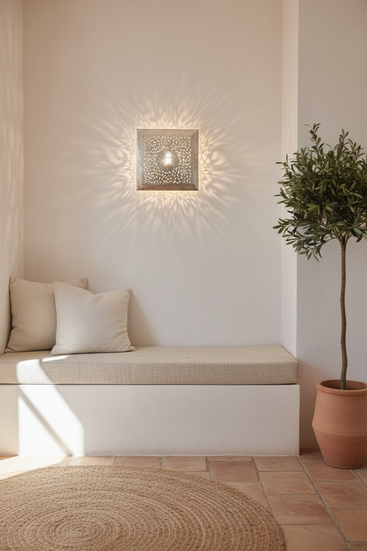 Aplique árabe cuadrado de metal plateado instalado en pared de tadelakt en ambiente andalusí con luz natural
