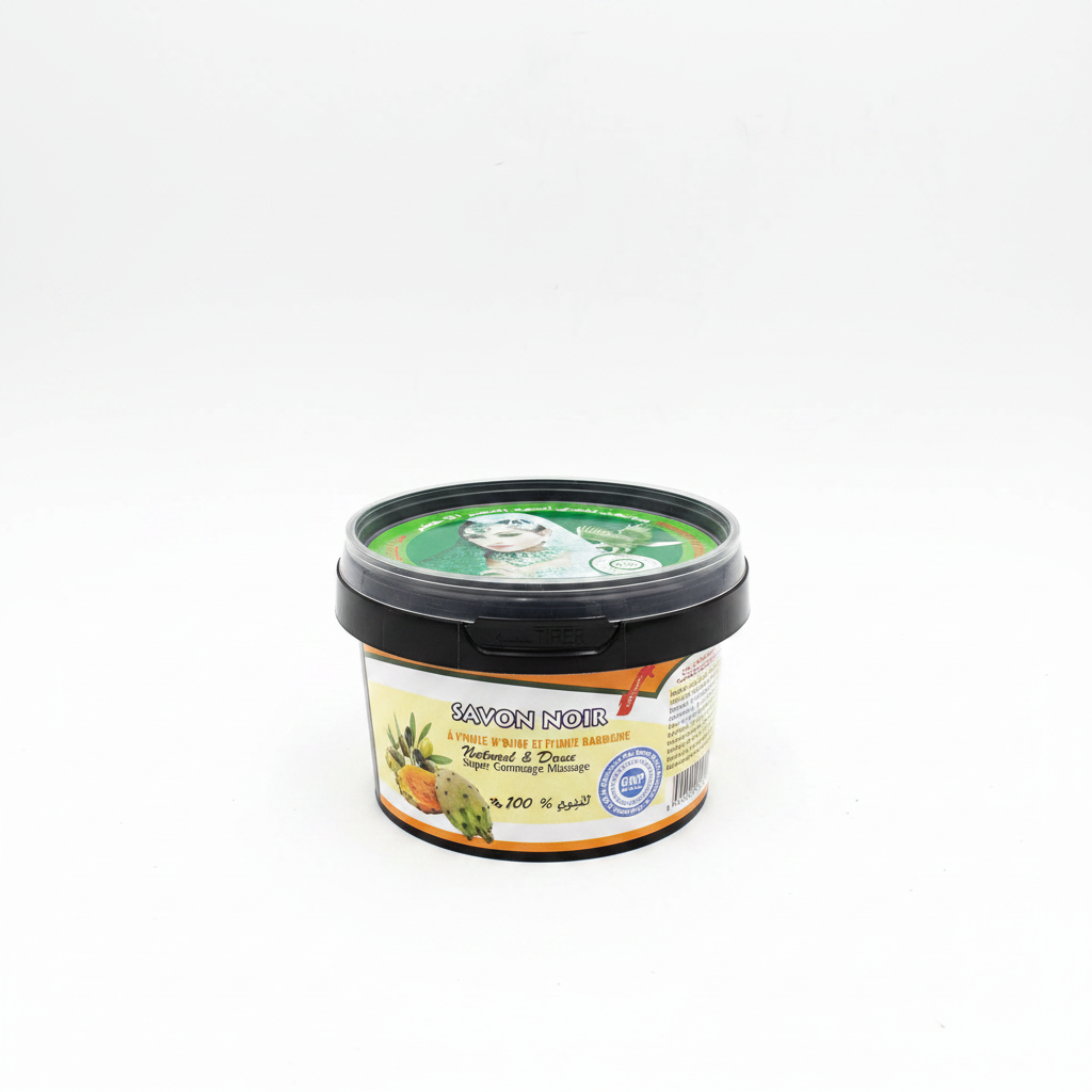 Jabón Beldi negro marroquí con higo chumbo y aceite de oliva 200g – fondo blanco, envase redondo negro con etiqueta verde