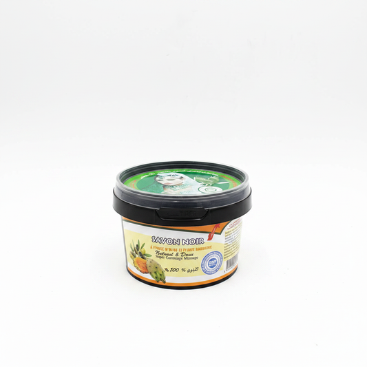Jabón Beldi negro marroquí con higo chumbo y aceite de oliva 200g – fondo blanco, envase redondo negro con etiqueta verde