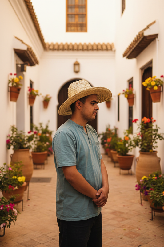 Modelo con rasgos bereberes luciendo sombrero hortelano marroquí de palma en patio andaluz soleado