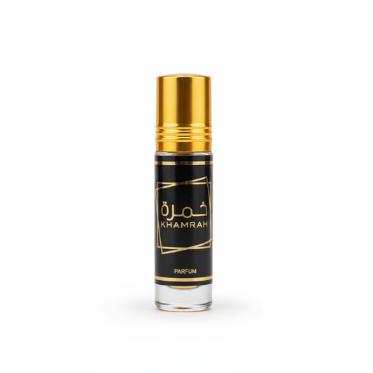 Perfume oriental Khamrah 6ml aceite concentrado especiado, frasco negro y dorado con caligrafía árabe