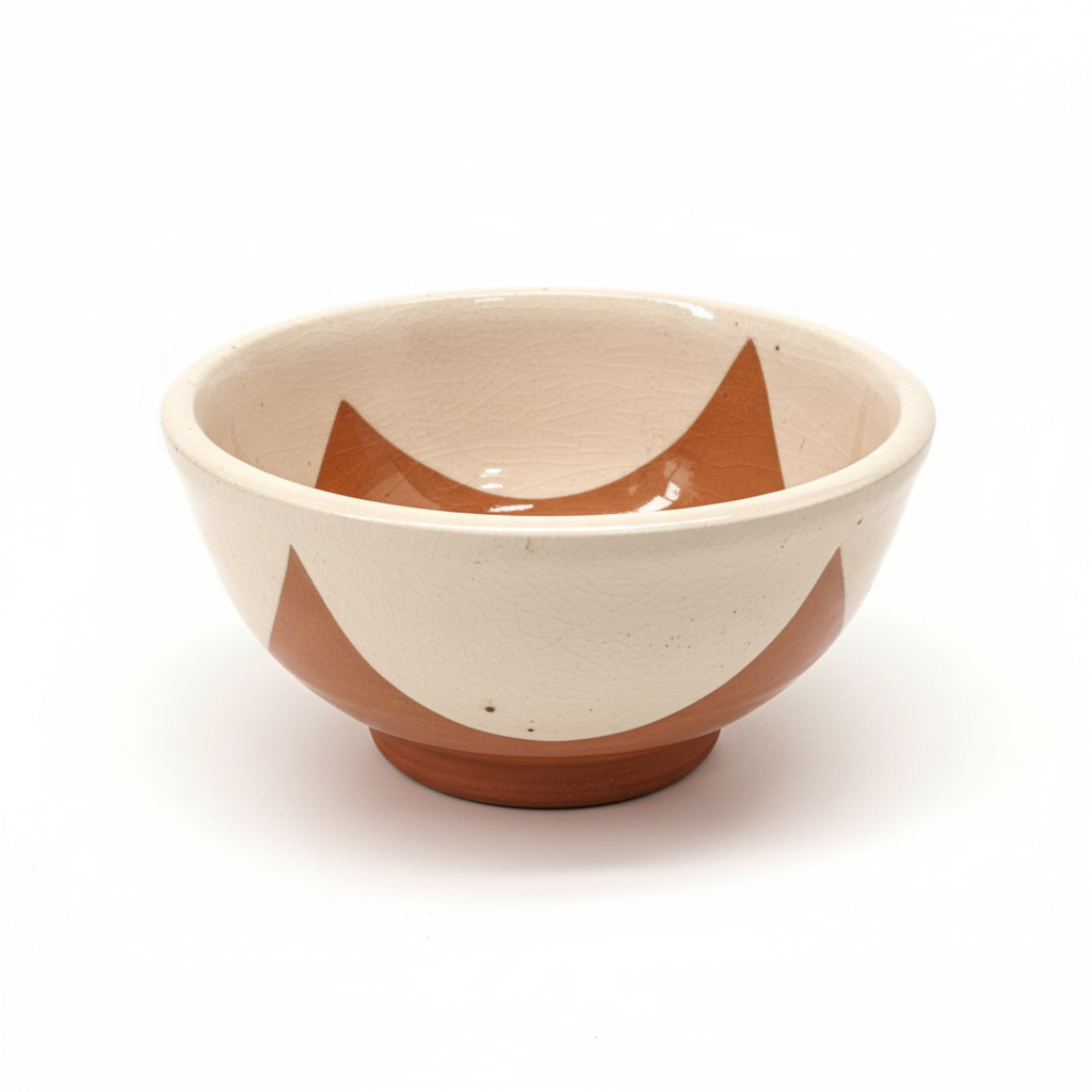 Cuenco cerámica marroquí artesanal Oued Lao 12cm con esmalte terracota y blanco estilo andalusí hecho a mano