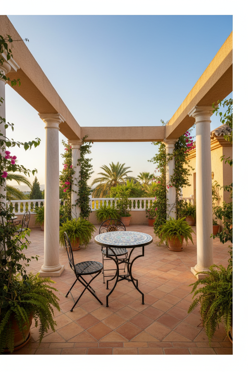 Mesa mosaico zellige en patio andalusí con columnas blancas y vegetación mediterránea – lifestyle