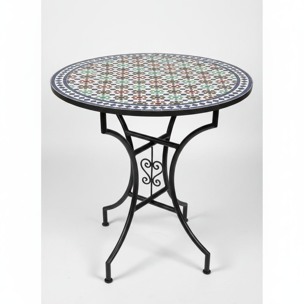 Mesa de mosaico marroquí zellige multicolor sobre fondo blanco, fotografía de producto profesional