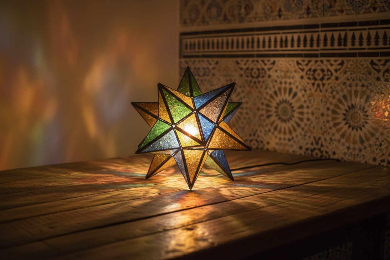 Lámpara estrella marroquí multicolor encendida sobre superficie de madera en interior andalusí minimalista con zellige y luz cálida