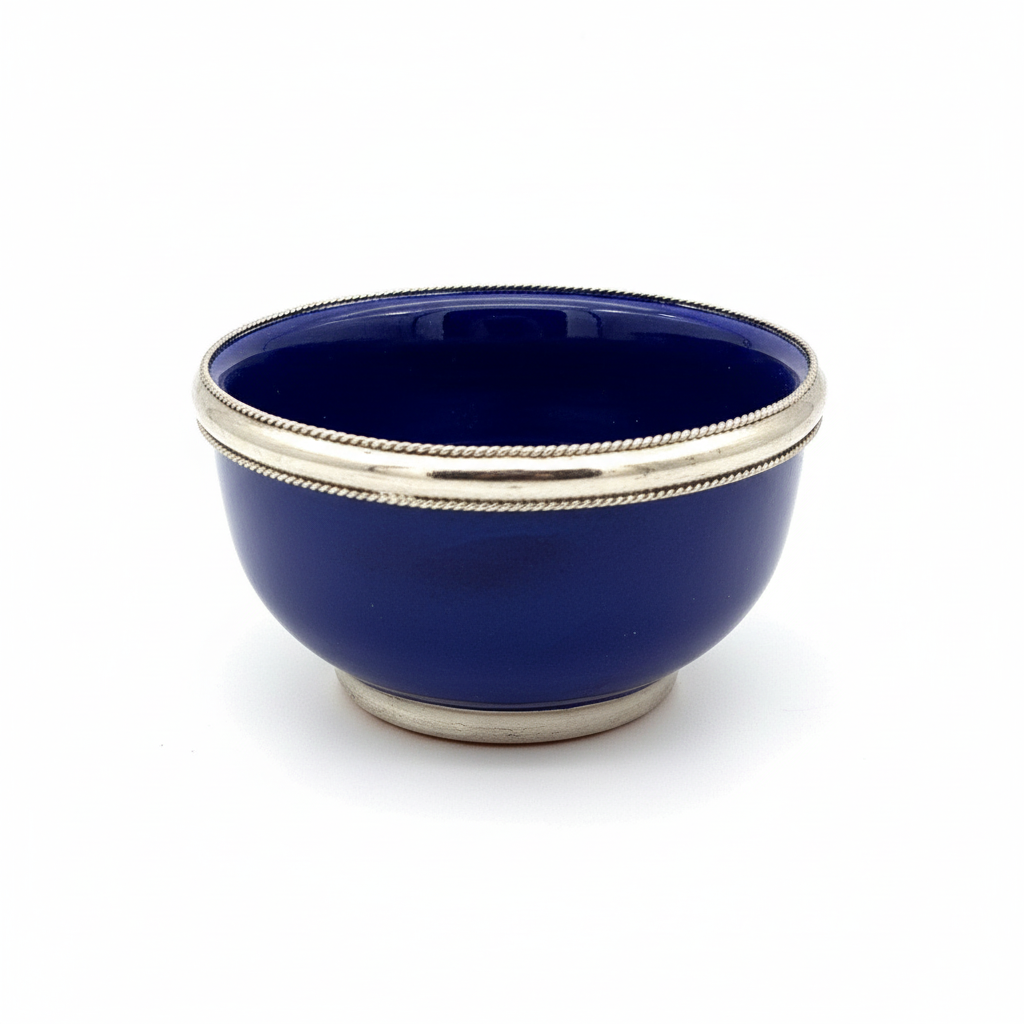 Cuenco especiero artesanal azul marino intenso con borde alpaca - cerámica marroquí Kadah decoración cocina mediterránea