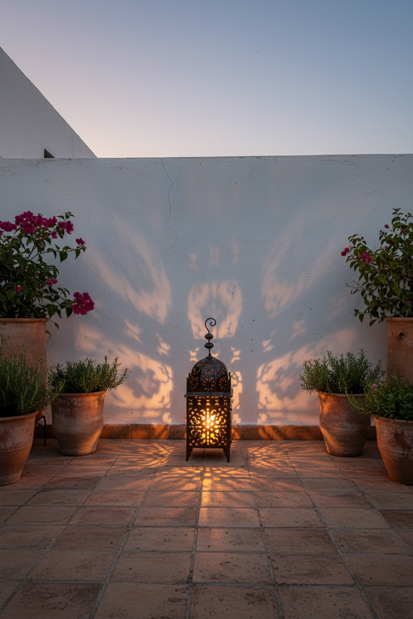Lámpara árabe de metal en terraza andalusí al anochecer, proyectando sombras geométricas con luz de vela