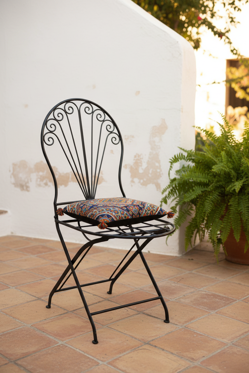 Silla forja artesanal color negro en patio andalusí — lifestyle