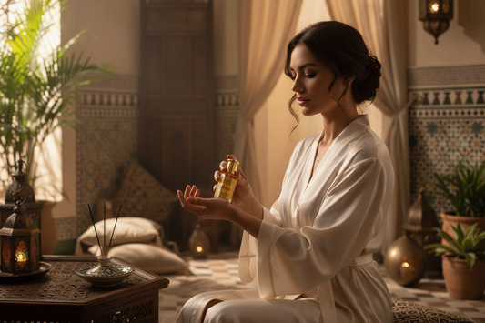Mujer aplicando Aceite de Perfume Natural Chakra Opium en la muñeca - Imagen lifestyle de cosmética natural con ambiente spa marroquí exótico