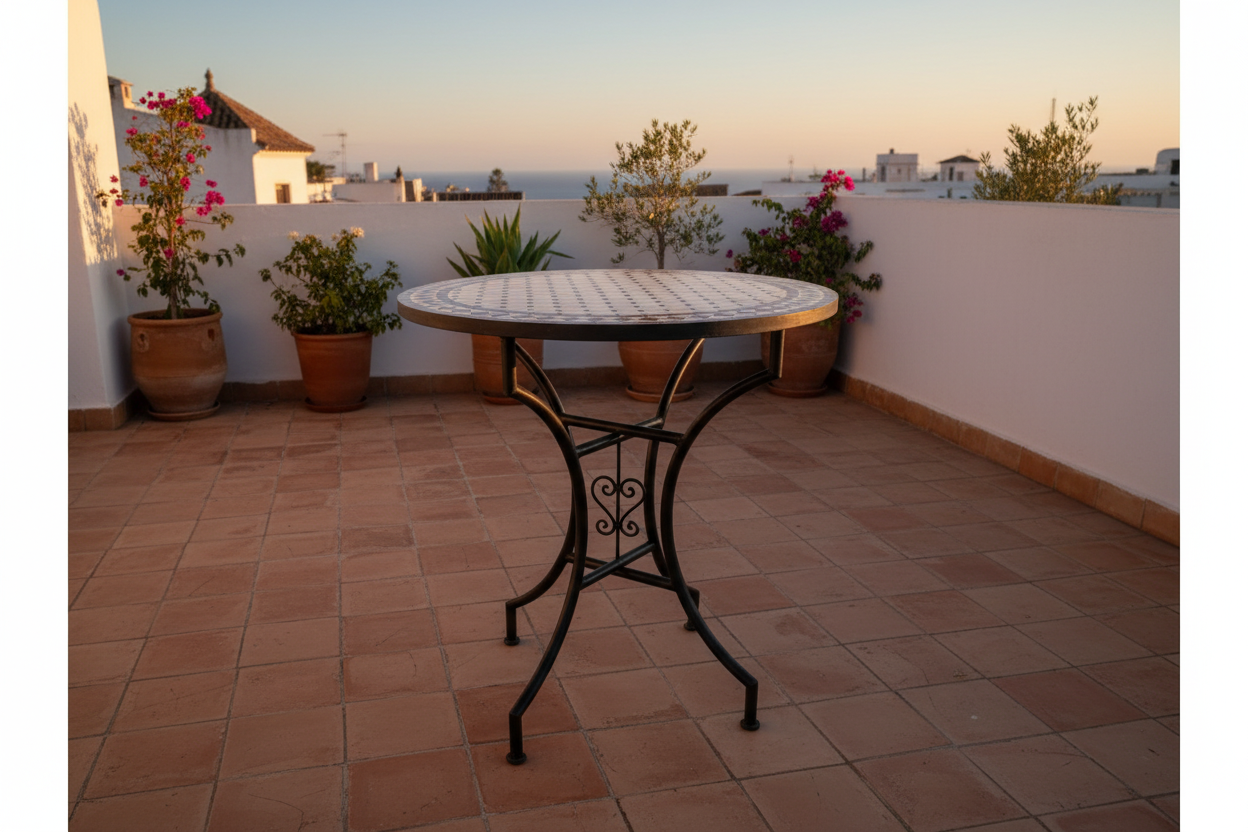 Mesa de mosaico marroquí zellige granate en terraza mediterránea al atardecer