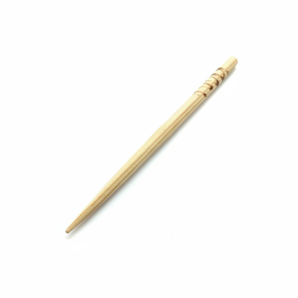 Palito aplicador de khol marroquí en madera natural sobre fondo blanco, fotografía de producto profesional