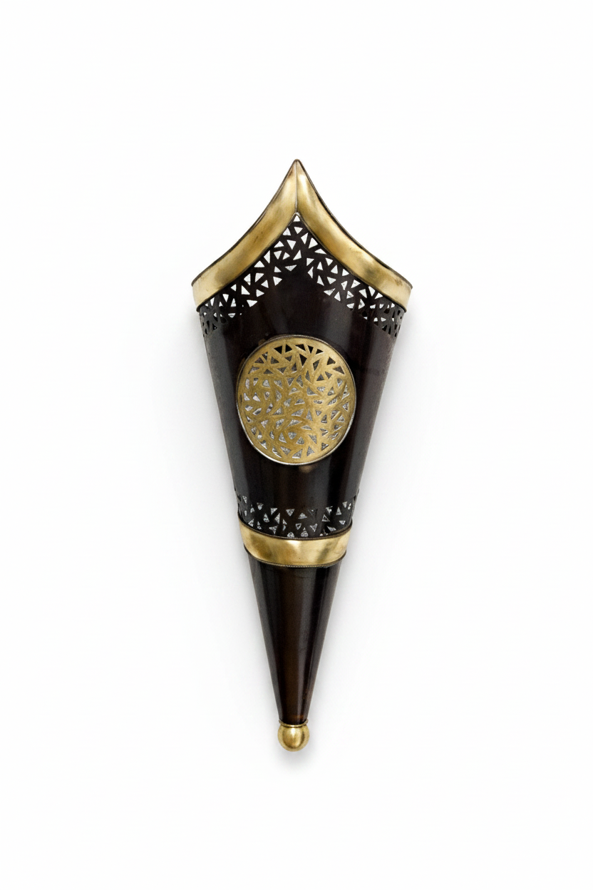 Aplique marroquí cónico cobre y latón modelo Aldarae Wahid sobre fondo blanco, artesanía marroquí para decoración árabe y andalusí