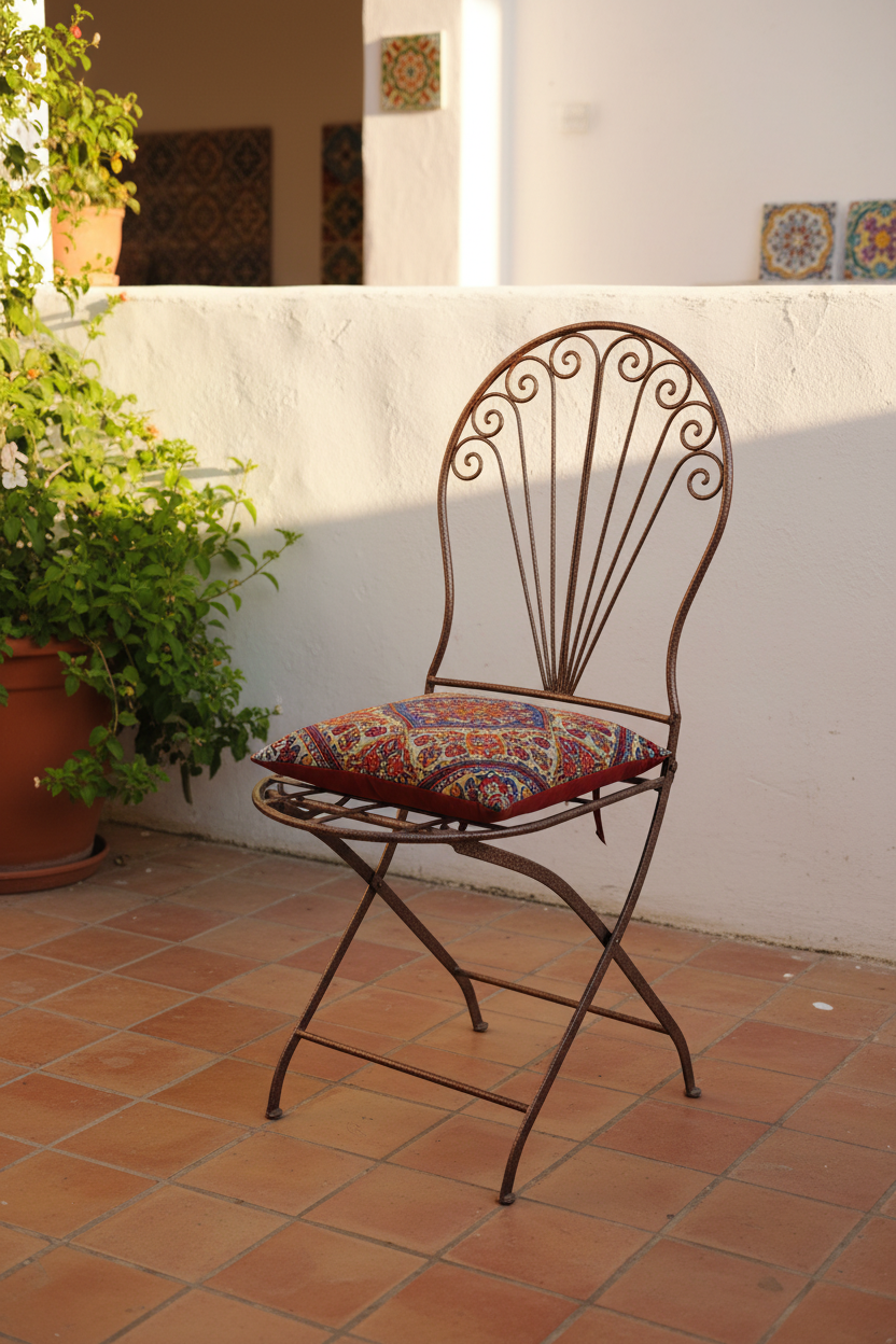 Silla forja artesanal color cobre en patio andalusí — lifestyle
