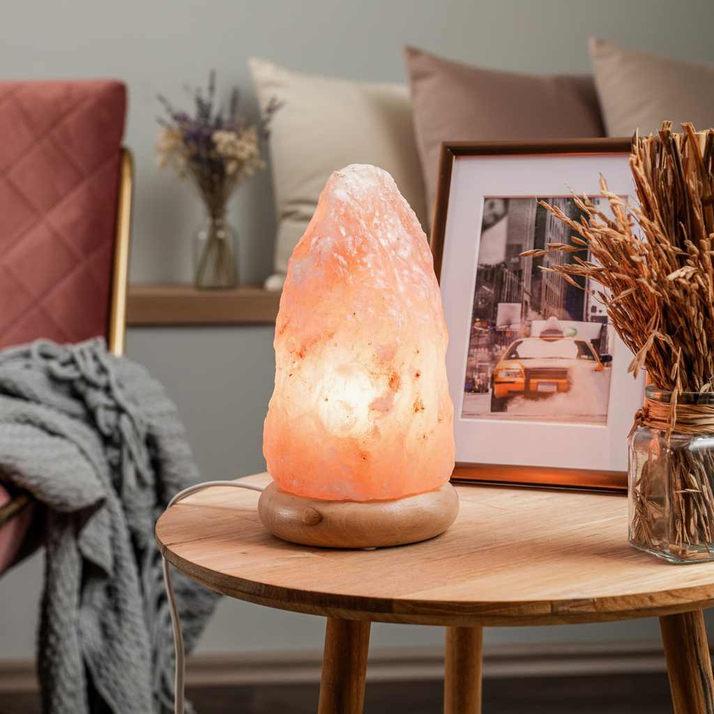 Lámpara de sal del Himalaya 2-3kg encendida en salón moderno con decoración natural