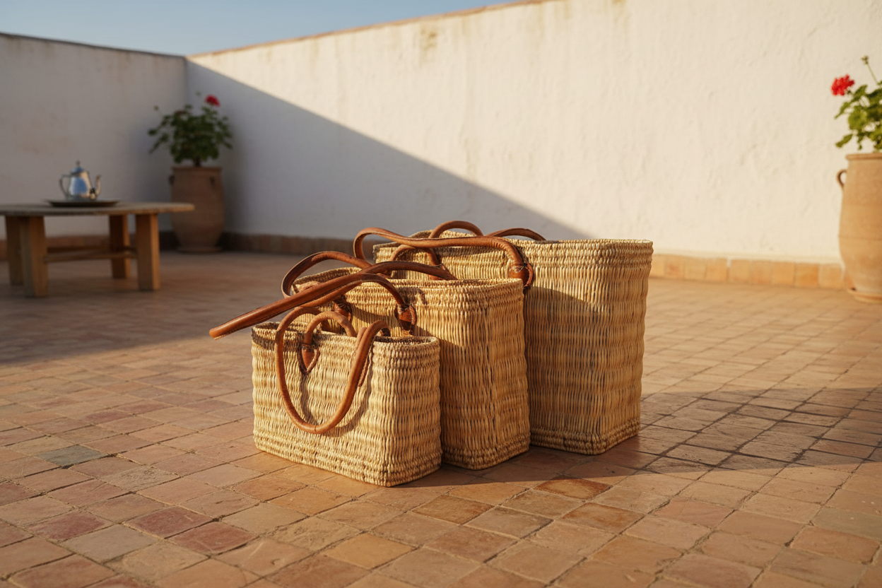 Capazo de mimbre natural con asas de cuero en terraza marroquí con suelo de terracota y pared blanca, estilo lifestyle