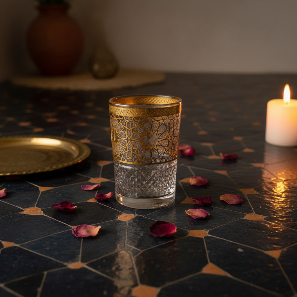 Vaso de té marroquí artesanal con decoración árabe dorada en ambiente lifestyle andalusí con bandeja de latón