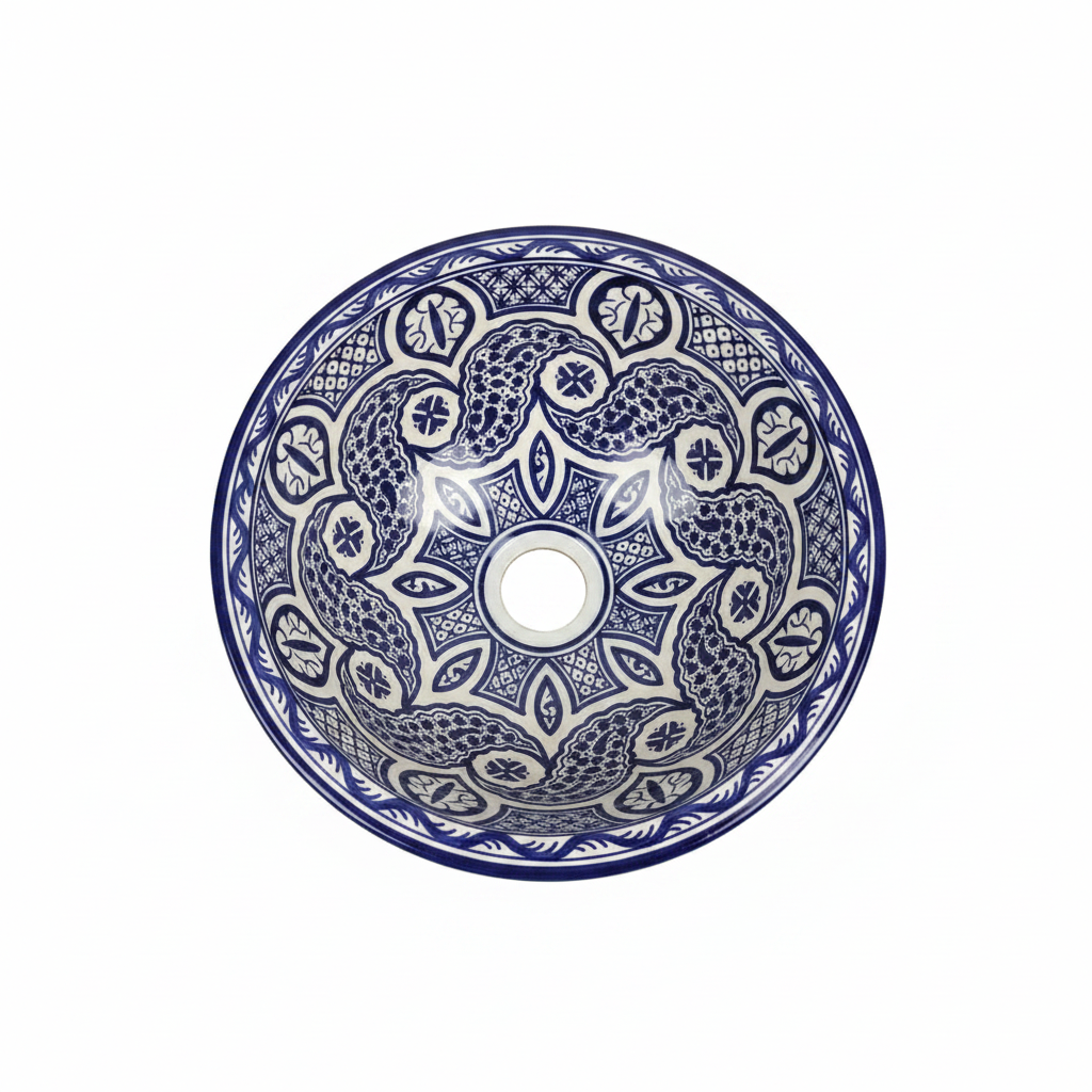 Lavabo cerámico artesanal marroquí azul y blanco con diseño floral y arabescos de Fez – fondo blanco