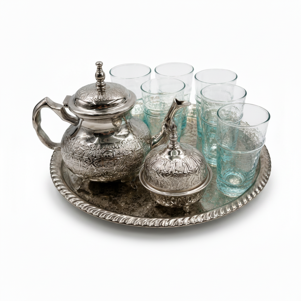 Set de té marroquí artesanal completo sobre fondo blanco: bandeja, tetera y azucarero de alpaca con 6 vasos Beldi