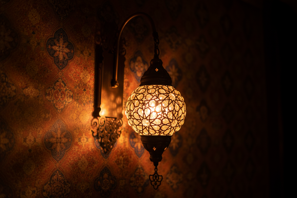 Aplique turco otomano encendido noche - iluminación cálida oriental