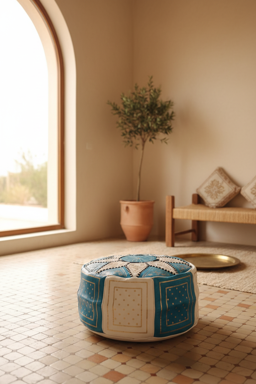 Puff árabe andalusí de cuero azul cielo con motivos dorados integrado en interior marroquí minimalista con suelo de zellige y luz natural