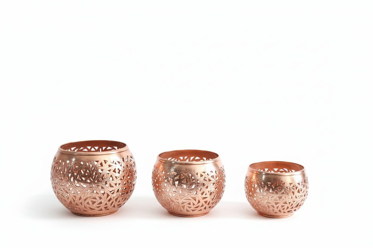 Set de 3 portavelas de latón calado marroquí color cobre - Tallados a mano con diseños geométricos islámicos