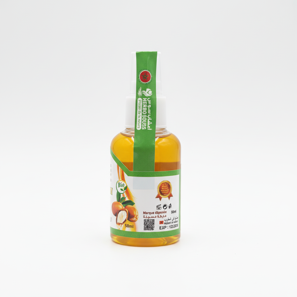 Aceite de argán cosmético 50ml spray Herbo Souss fondo blanco