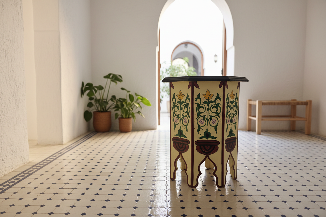 Mesa octogonal marroquí beige en interior andalusí lifestyle