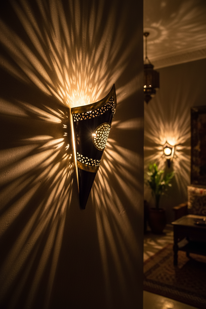 Aplique marroquí Aldarae Wahid encendido proyectando sombras geométricas doradas en ambiente riad