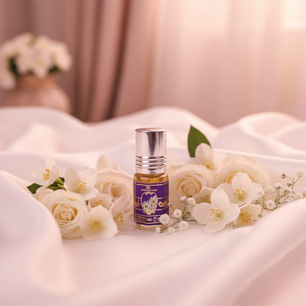 Perfume Aroosah 3ml en ambiente lifestyle con flores blancas - fragancia floral oriental femenina