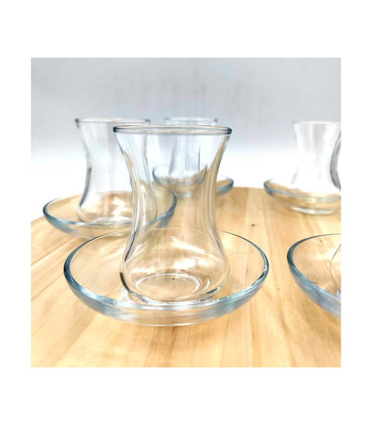 Set of 6 Turkish Tea Glasses + 6 Tempered Glass Saucers - Zujaj Model: Turkish Simplicity and Elegance