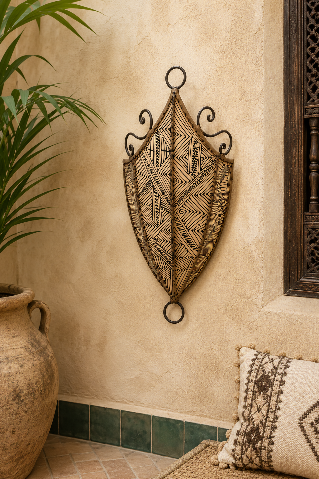 Aplique de Pared Pantalla de Piel Beige con Henna | Artesanía Marroquí | Modelo Aldurue