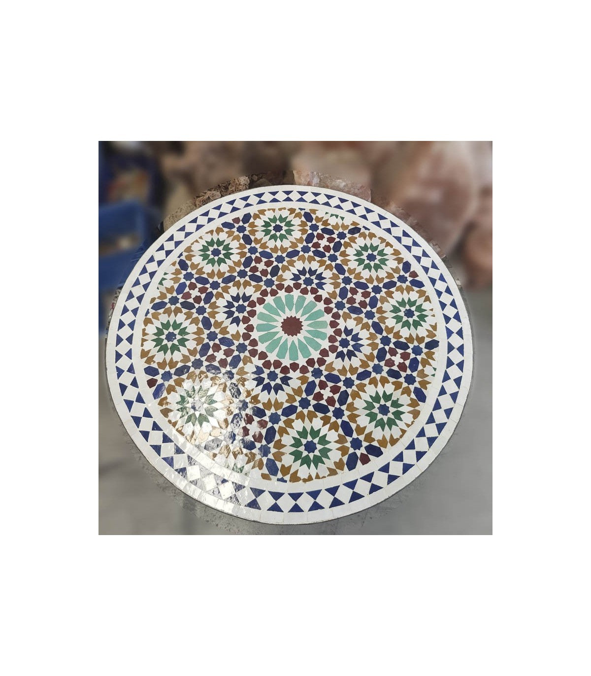 Tablero de mesa mosaico zellige artesanal con diseño geométrico estrella Alhambra multicolor – vista superior