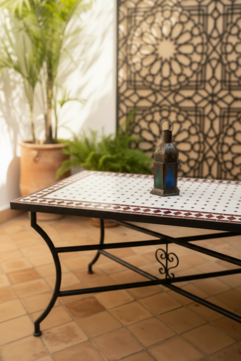 Mesa mosaico granate diagonal close-up