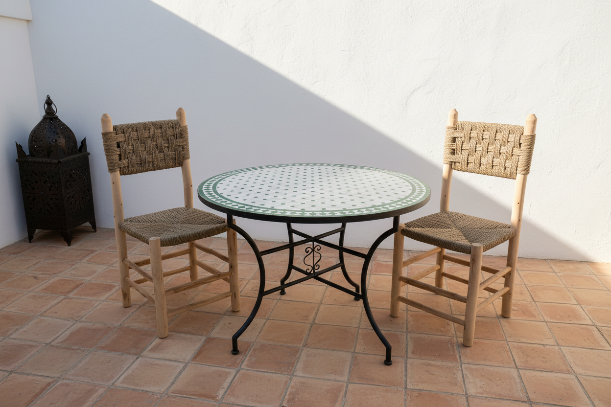 Mesa mosaico verde con sillas patio