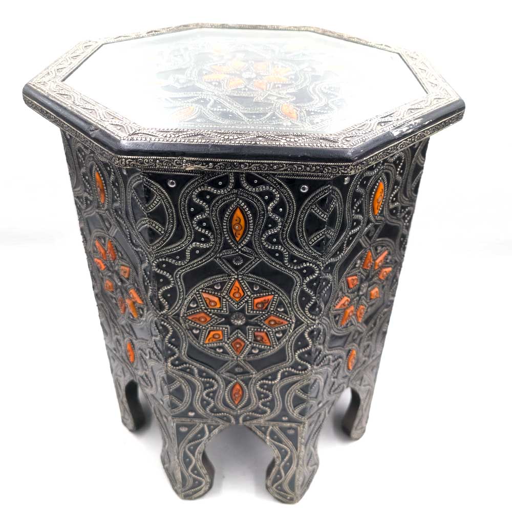 Moroccan Side Table made of Wood, Bone and Embossed Alpaca - Merzouga Model: Elegance and Exquisite Moroccan Art!