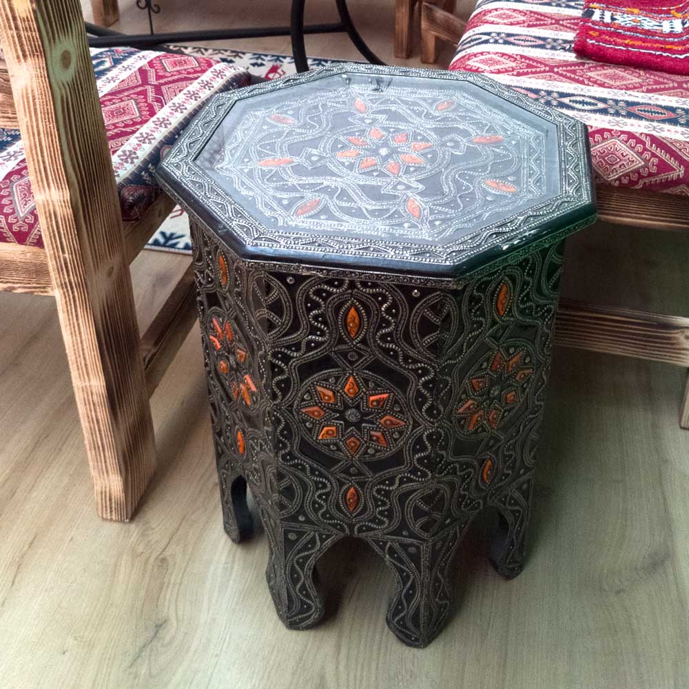 Moroccan Side Table made of Wood, Bone and Embossed Alpaca - Merzouga Model: Elegance and Exquisite Moroccan Art!