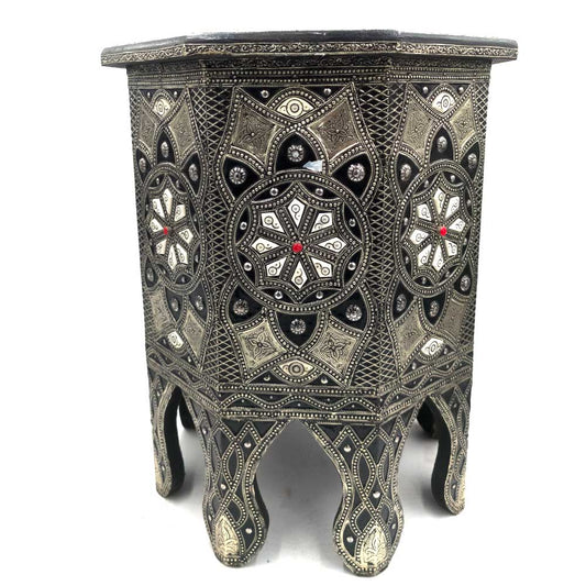 Moroccan Side Table made of Wood, Bone and Embossed Alpaca - Merzouga Model: Elegance and Exquisite Moroccan Art!