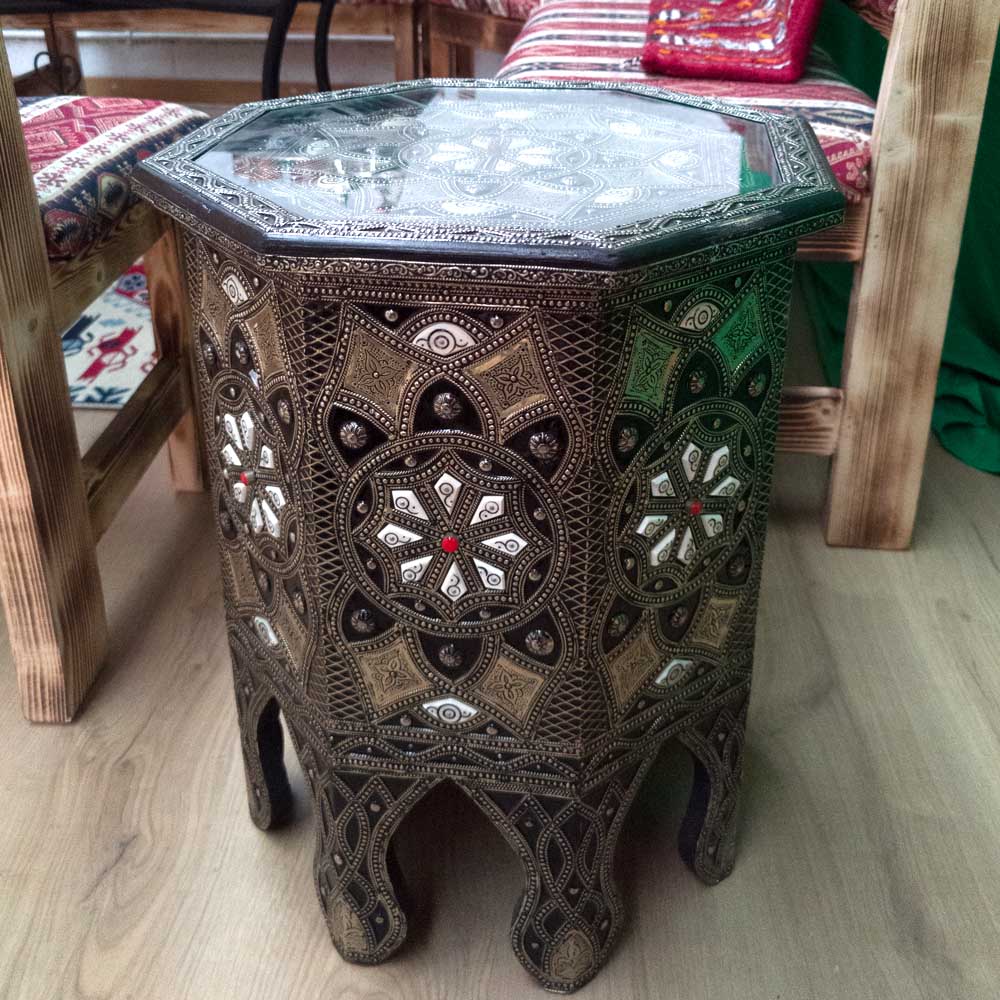 Moroccan Side Table made of Wood, Bone and Embossed Alpaca - Merzouga Model: Elegance and Exquisite Moroccan Art!