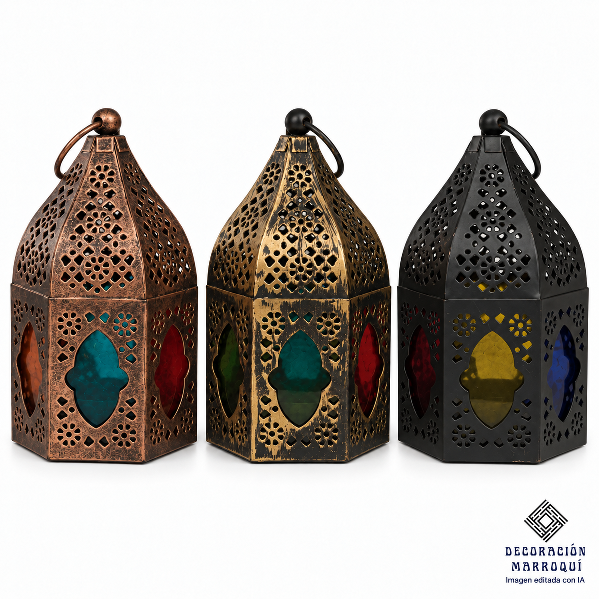 Pack de tres farolillos árabes con cristales multicolor y acabados negro, dorado envejecido y cobre envejecido sobre fondo blanco. Imagen editada con IA.