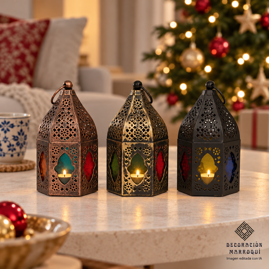 Pack de tres farolillos con cristales multicolor en decoración navideña. Velas y accesorios no incluidos. Imagen editada con IA.