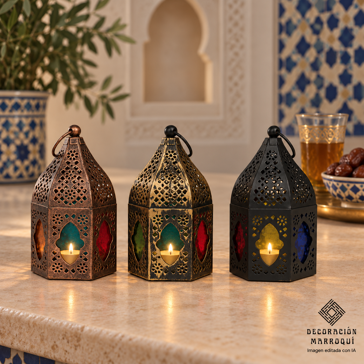 Tres farolillos árabes en ambiente marroquí para Ramadán. Velas y accesorios no incluidos. Imagen editada con IA.