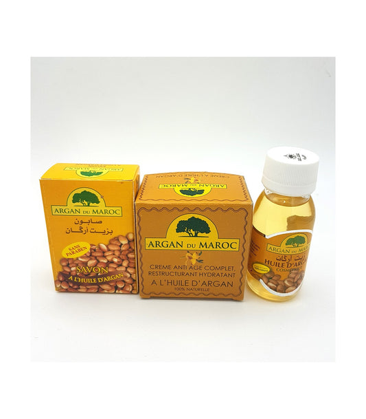Argan du Maroc Pack: 100% Natural Anti-Aging Cream, Regenerating Argan Oil and Soap Enriched with Argan Oil