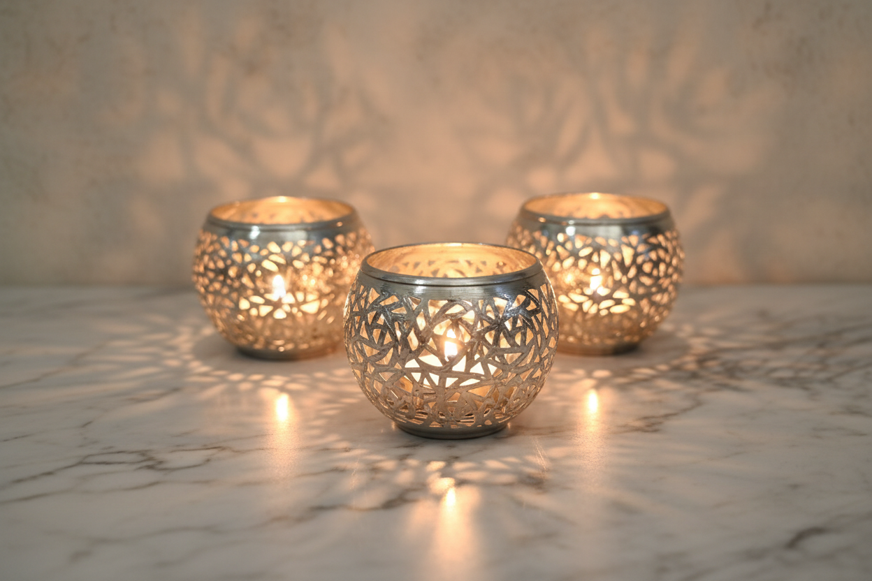 Portavelas plateados con velas encendidas