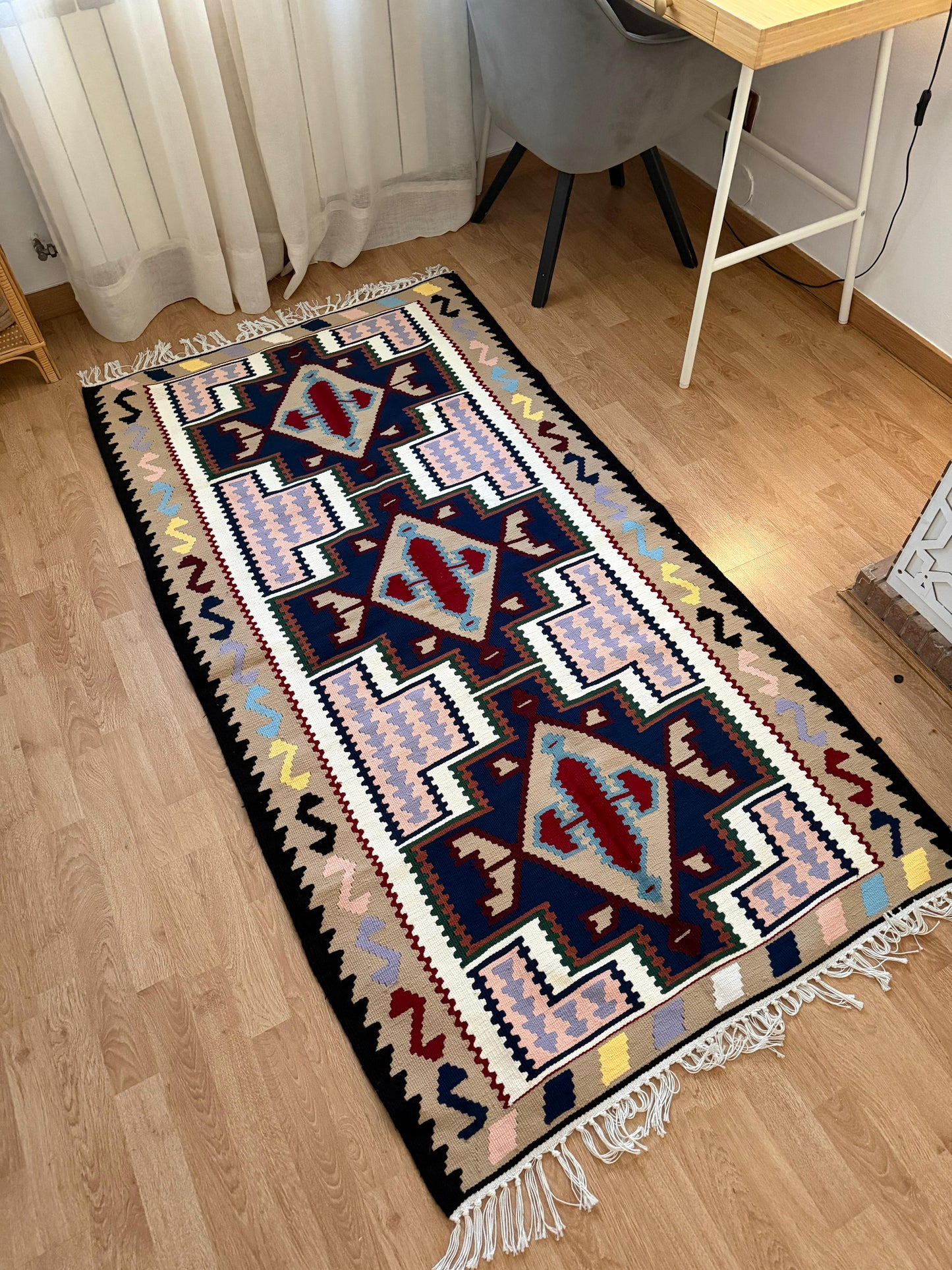 Alfombra Kilim Persa Artesanal Tejida a Mano | 185 × 100 cm | Doble Cara | Motivos Geométricos Tribales
