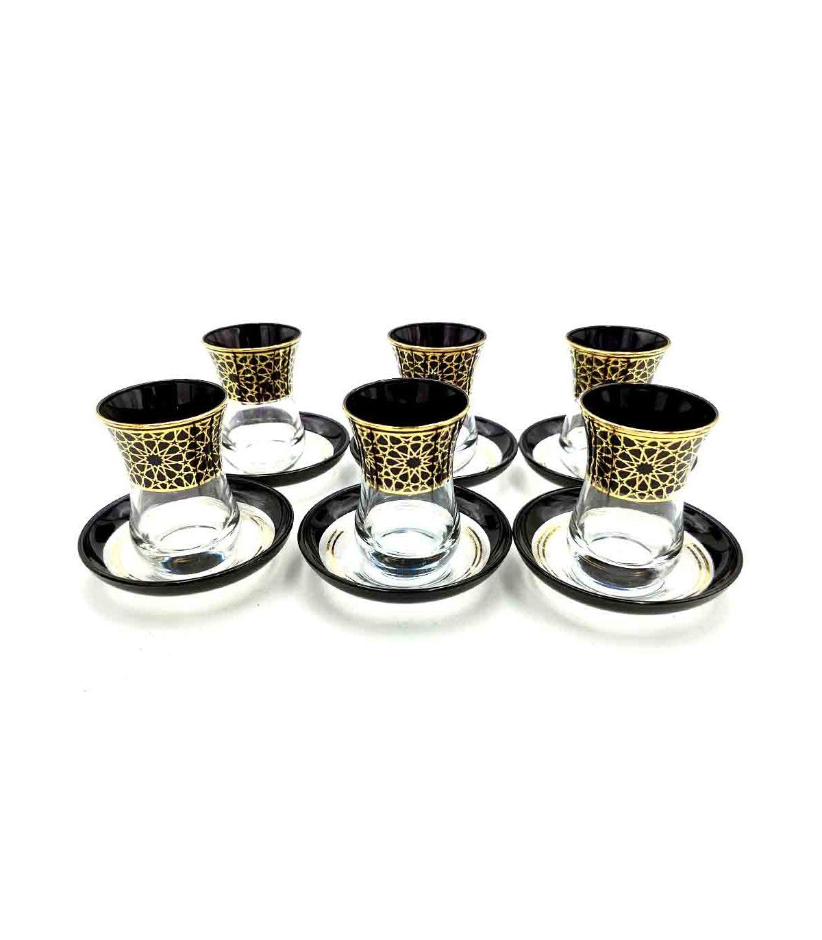 Coffret de 6 verres à thé turcs avec soucoupes - Design Alhambra : élégance et tradition arabe