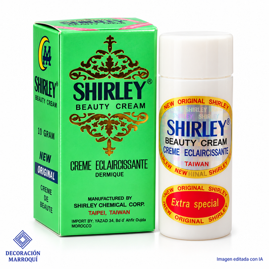 Shirley Beauty Cream New Original 10 g con caja verde y envase blanco, imagen editada con IA