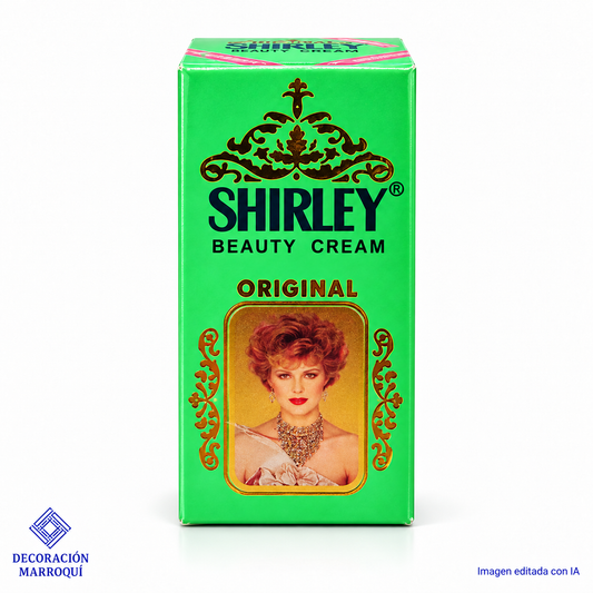 Caja verde de Shirley Beauty Cream Original, fotografía editada con IA